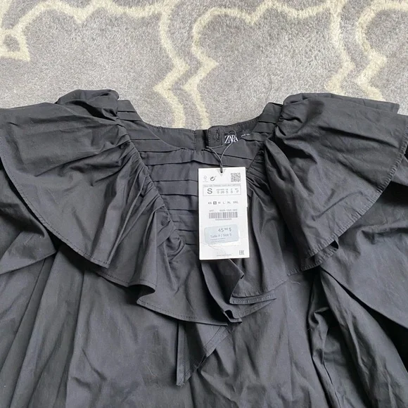 Zara New Cotton Black Ruffled Sleeve Button Down Long Sleeve Cotton Shirt - Picture 4 of 4